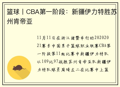 篮球丨CBA第一阶段：新疆伊力特胜苏州肯帝亚